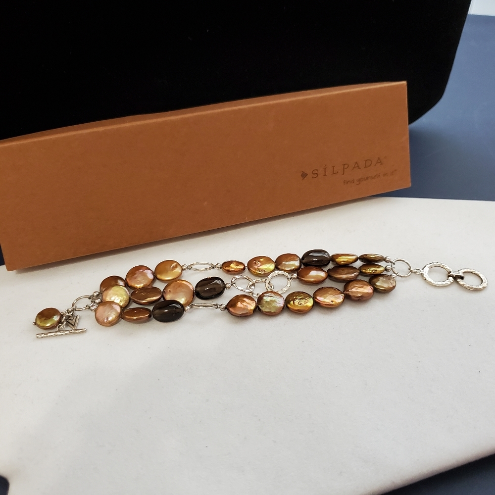 Silpada Bronze Coin Pearl & Smoky Topaz Bracelet with Sterling Toggle Cl…
